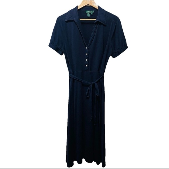 Ralph Lauren LRL Women’s XL Navy Shirt Dress Belted Button Front Midi - Picture 1 of 6
